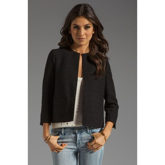 Vince Wool Blend Cropped Jacket Women's 4 Boucle Claps Closure Pockets Black - Picture 1 of 16